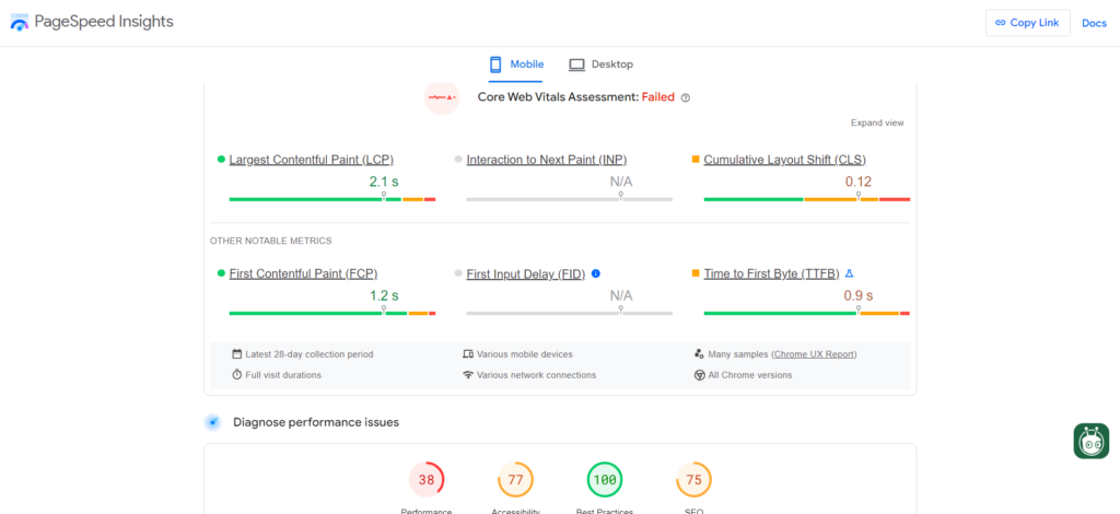 Google Page Speed Insights visualization